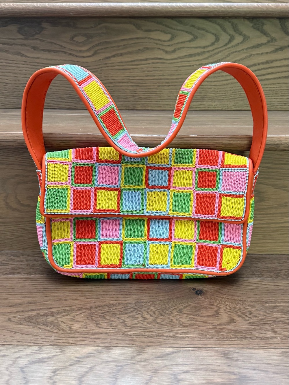 STAUD Multicolor Beaded Checkerboard Shoulder Bag (Orange Trim)